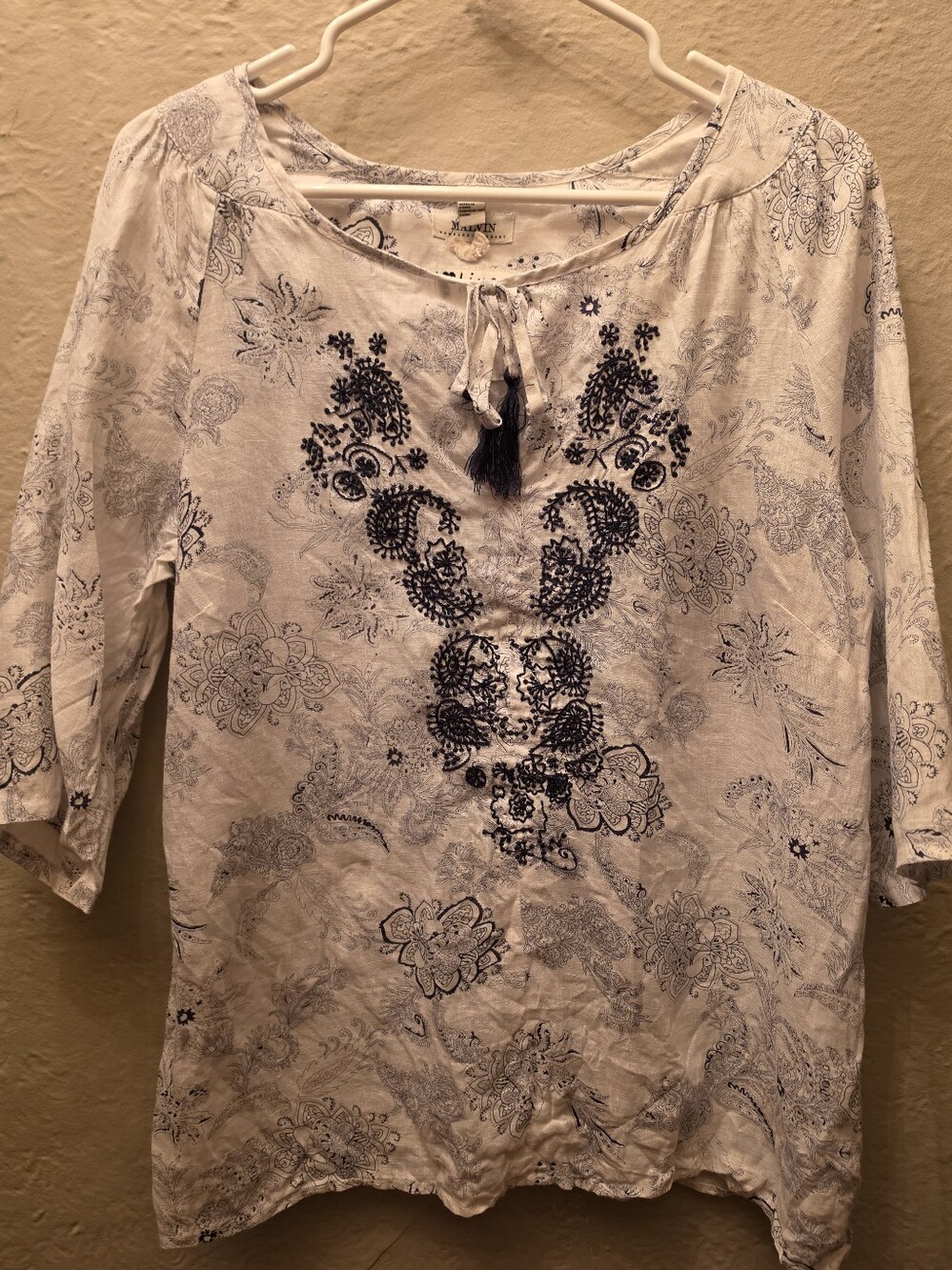 100% Linen Malvin Hamburg Germany Boho Paisley Embroidered Tassel Tunic Blouse